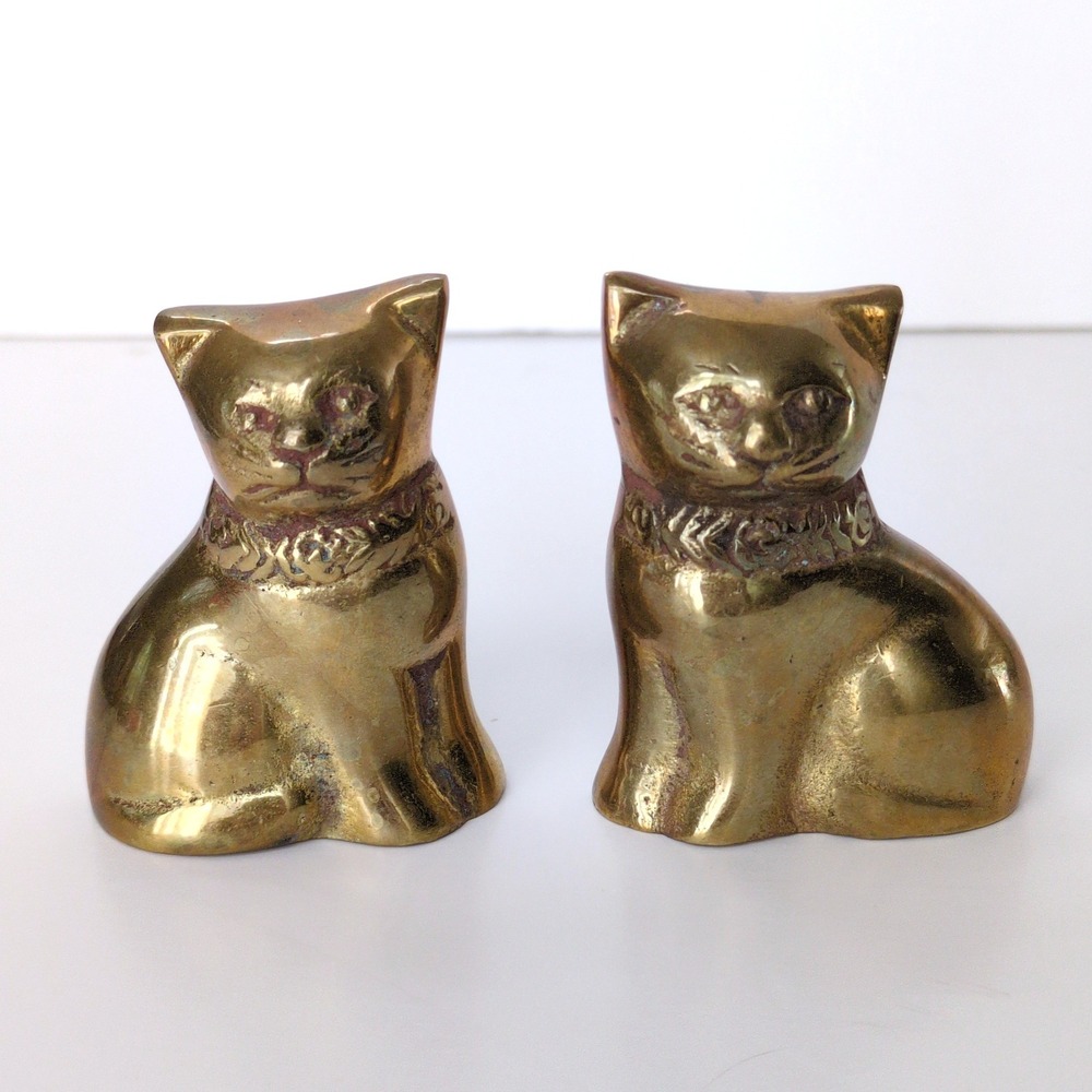 Vtg Adolf Meyer Brass Cat Figurines German Sitting Kitty Pair 2 MCM Paperweights